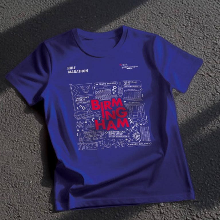 Birmingham half marathon 2025 finisher t-shirt with print featuring prominent places along the route.