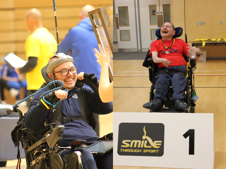 Smiling competitors taking part in a Smile Through Sport Boccia event.
